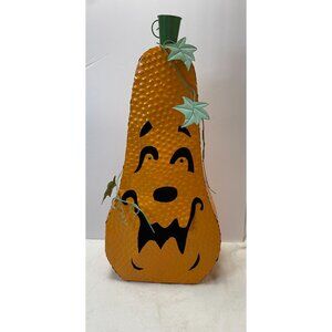 Pumpkin Face Metal Decorative Lantern With Door And Leaf Accents